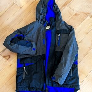 Boys Land's End Winter Coat, size Medium, black, grey, and royal blue.